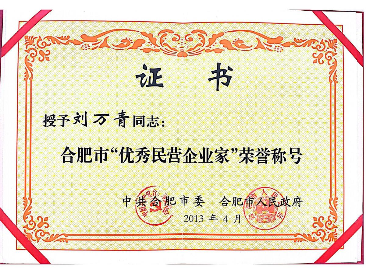 董事長劉萬青被合肥市委、合肥市人民政府授予“合肥市優(yōu)秀民營企業(yè)家”榮譽稱號